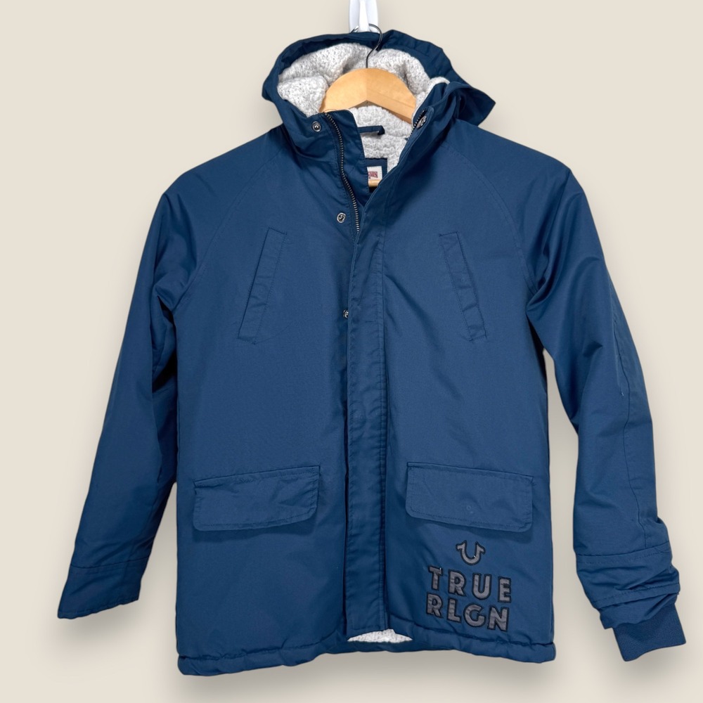 True Religion Hooded Winter Jacket Coat Youth Size Small Blue Fleece Lined